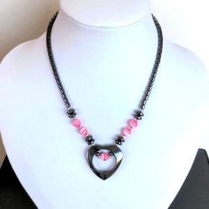 Vintage hematite heart necklace with soft moonstone glow pink beads